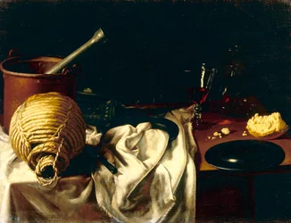 Tisch mit umgestürztem Mörser und Flasche, von einem anonymen Maler